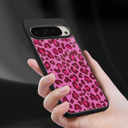 Leopard Pink sleek google pixel 9 pro cover with tempered glass back and TPU edges
