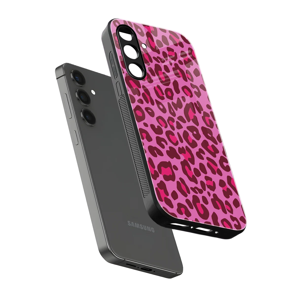 Leopard Pink sleek samsung galaxy m34 5g cover with tempered glass back and TPU edges