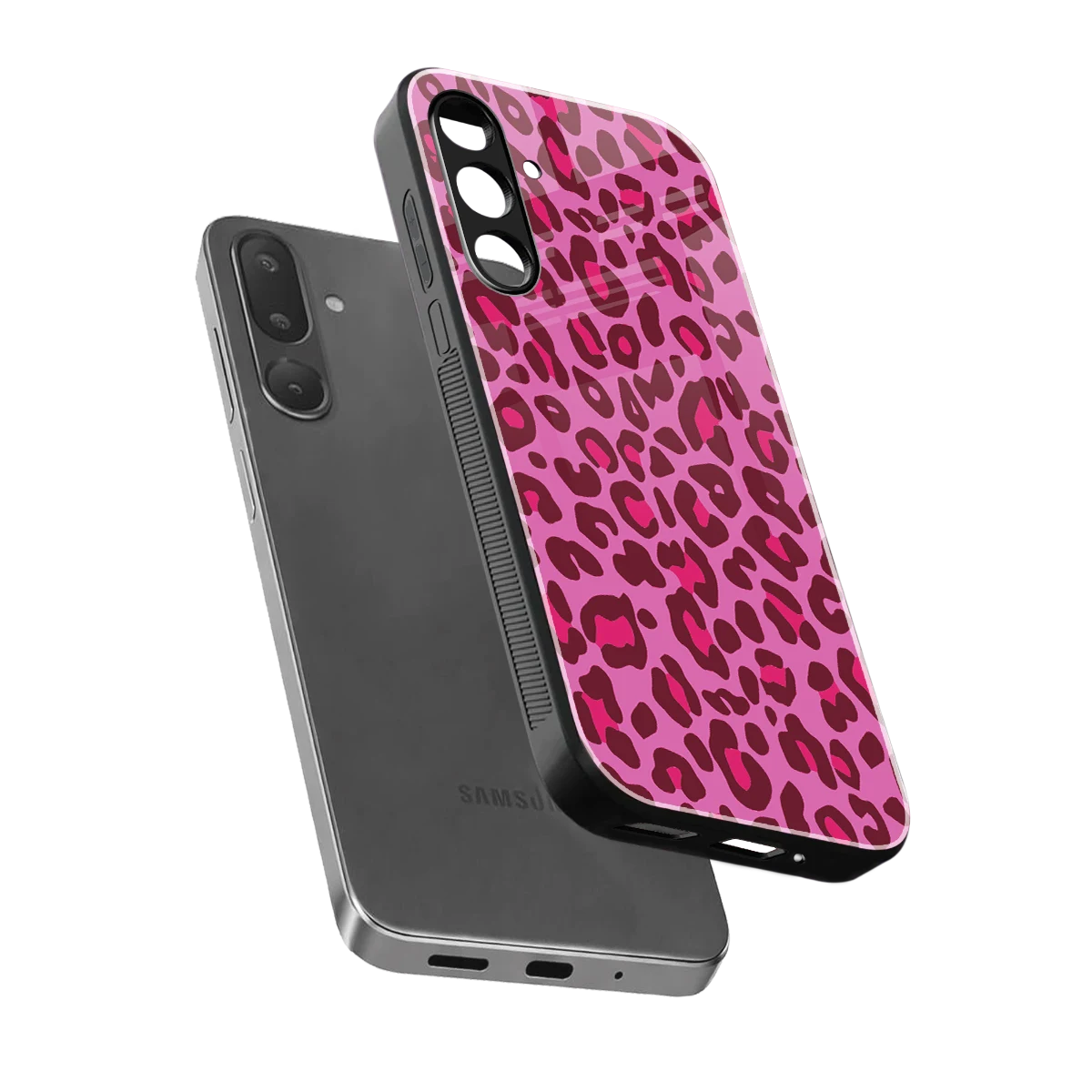 Leopard Pink sleek samsung galaxy m36 5g cover with tempered glass back and TPU edges