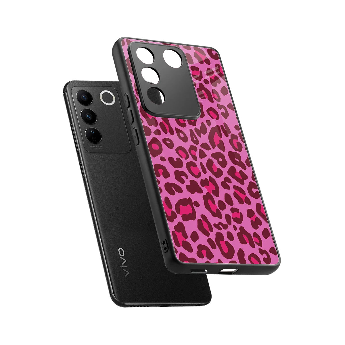 Leopard Pink sleek vivo v27 5g cover with tempered glass back and TPU edges