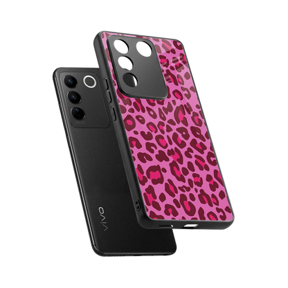 Leopard Pink sleek vivo v27 5g cover with tempered glass back and TPU edges