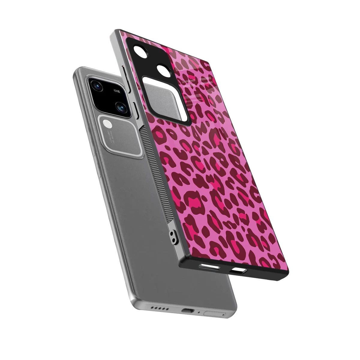 Leopard Pink sleek vivo v30 cover with tempered glass back and TPU edges