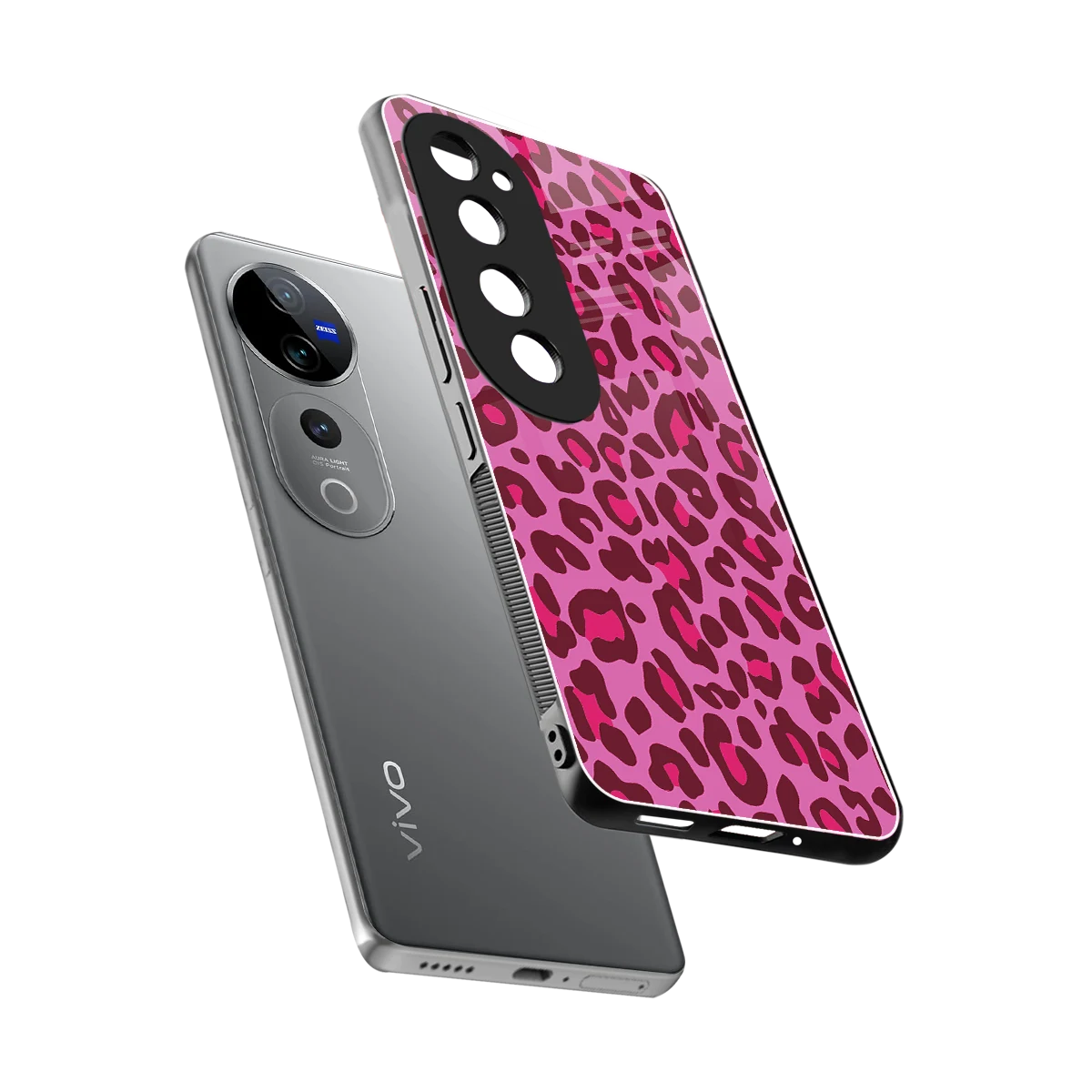 Leopard Pink sleek vivo v40 pro cover with tempered glass back and TPU edges
