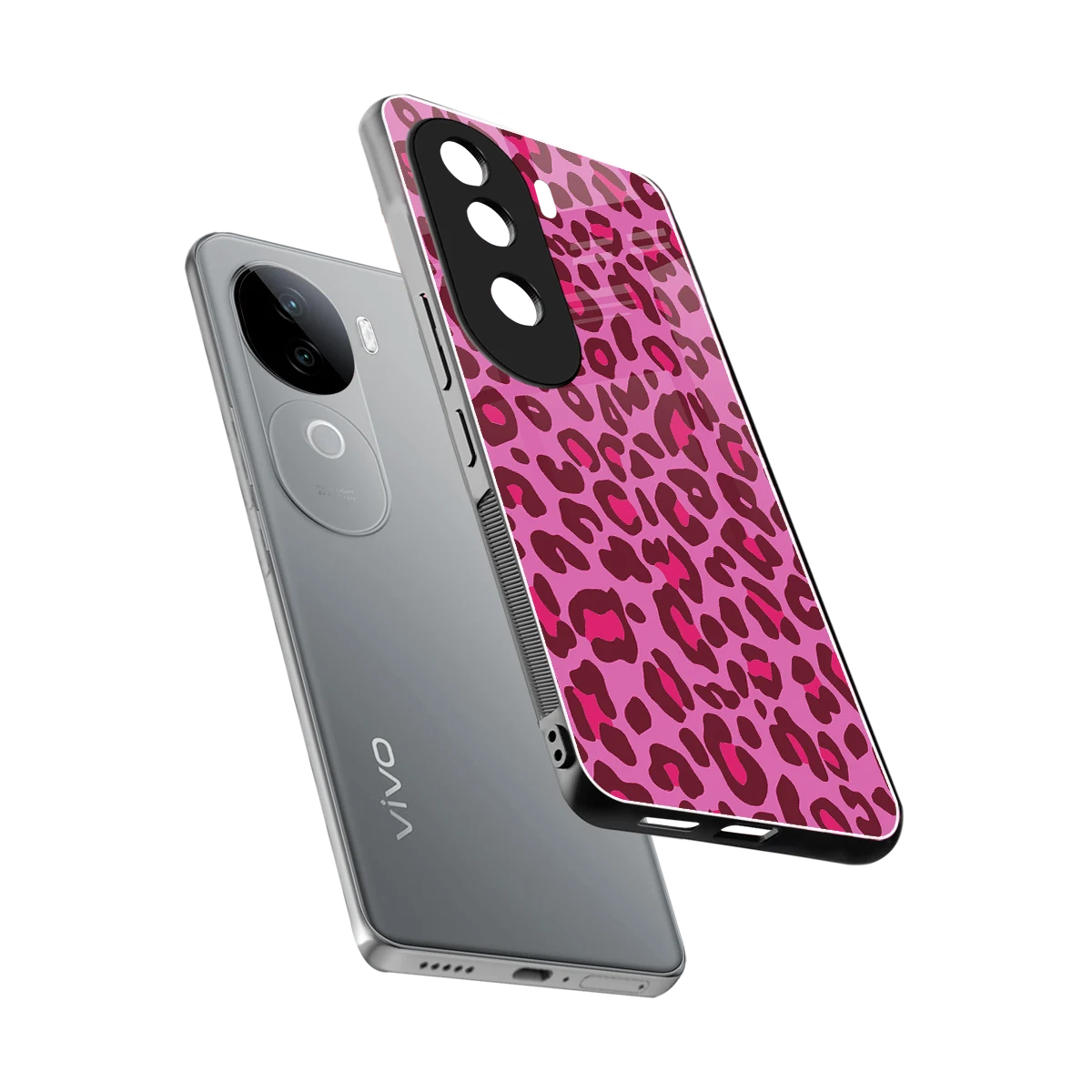 Leopard Pink sleek vivo v40e cover with tempered glass back and TPU edges