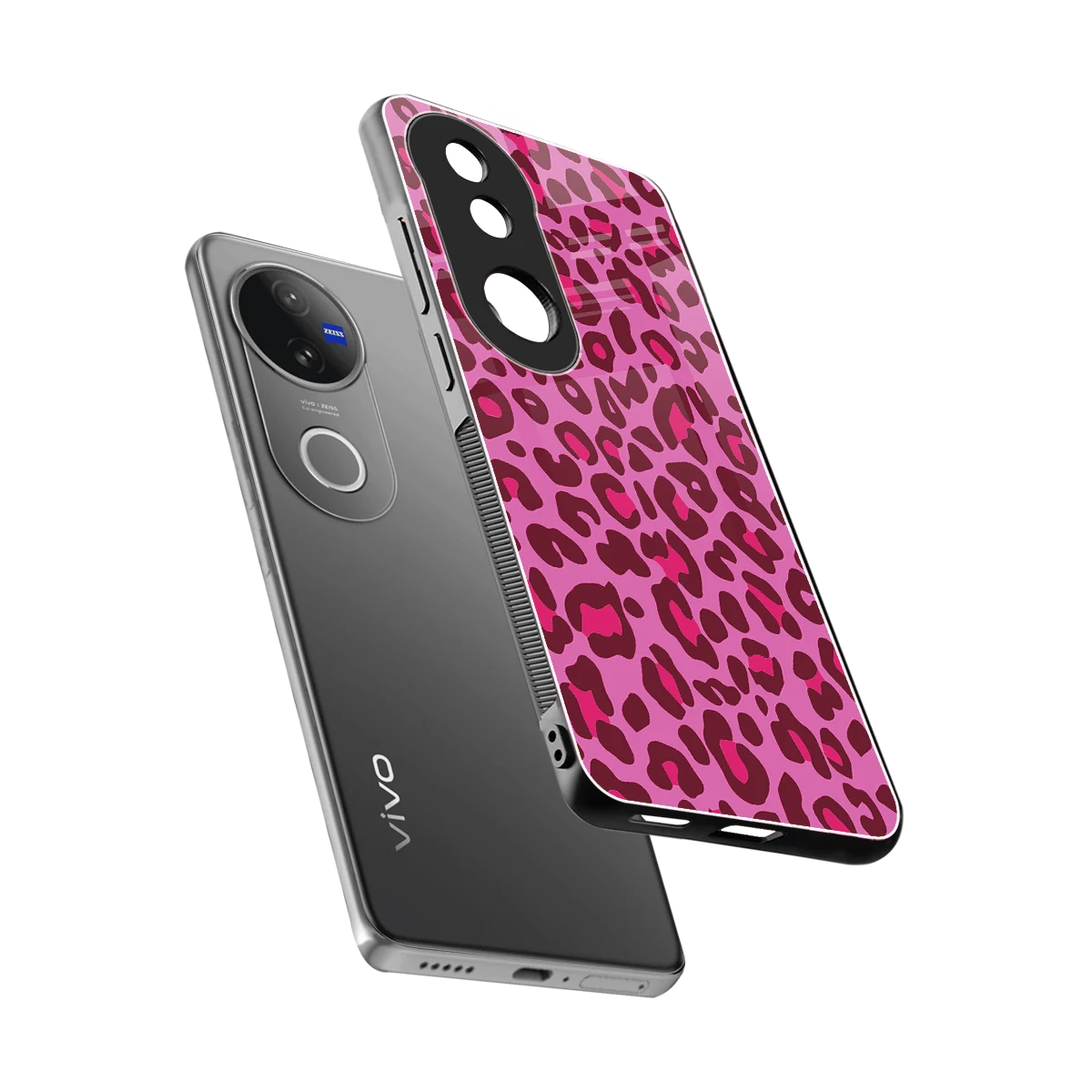 Leopard Pink sleek vivo v50 cover with tempered glass back and TPU edges