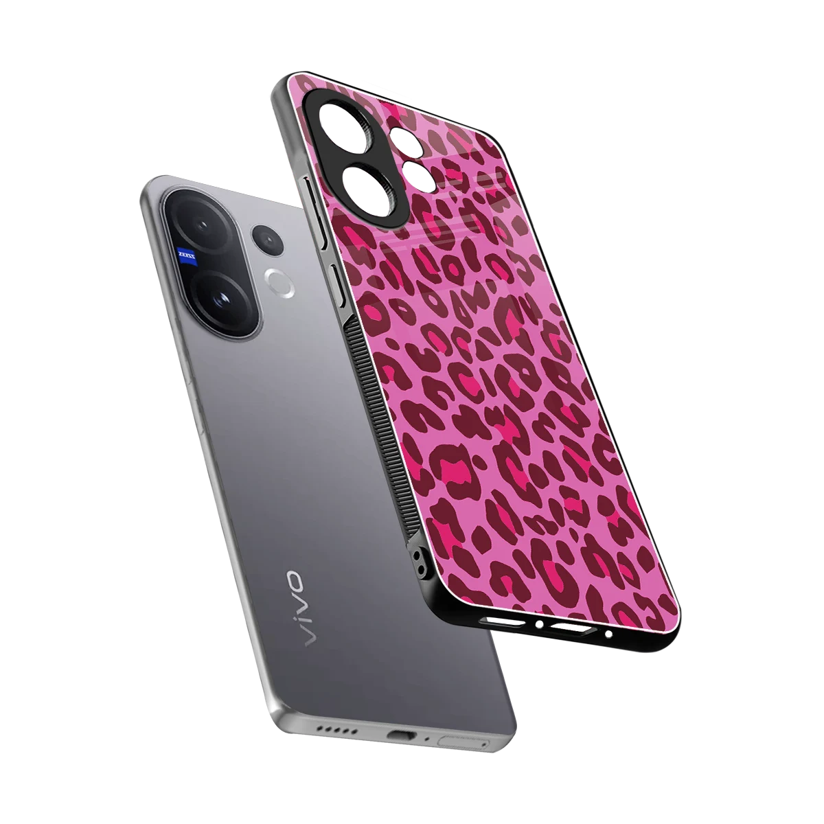 Leopard Pink sleek vivo v60 cover with tempered glass back and TPU edges