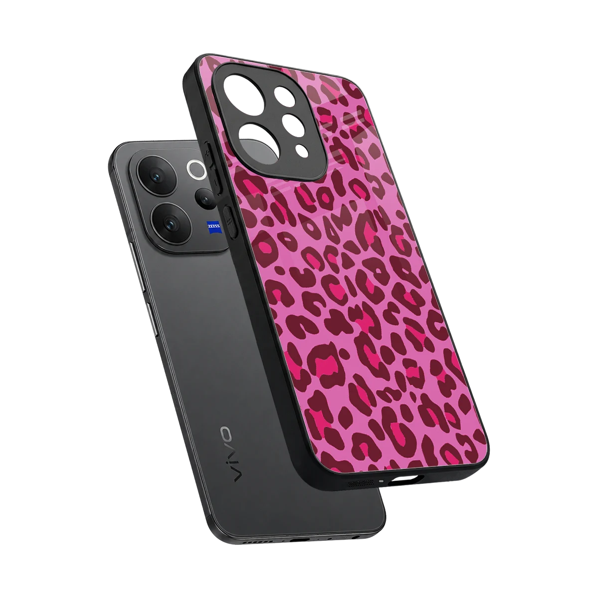 Leopard Pink sleek vivo v70 cover with tempered glass back and TPU edges