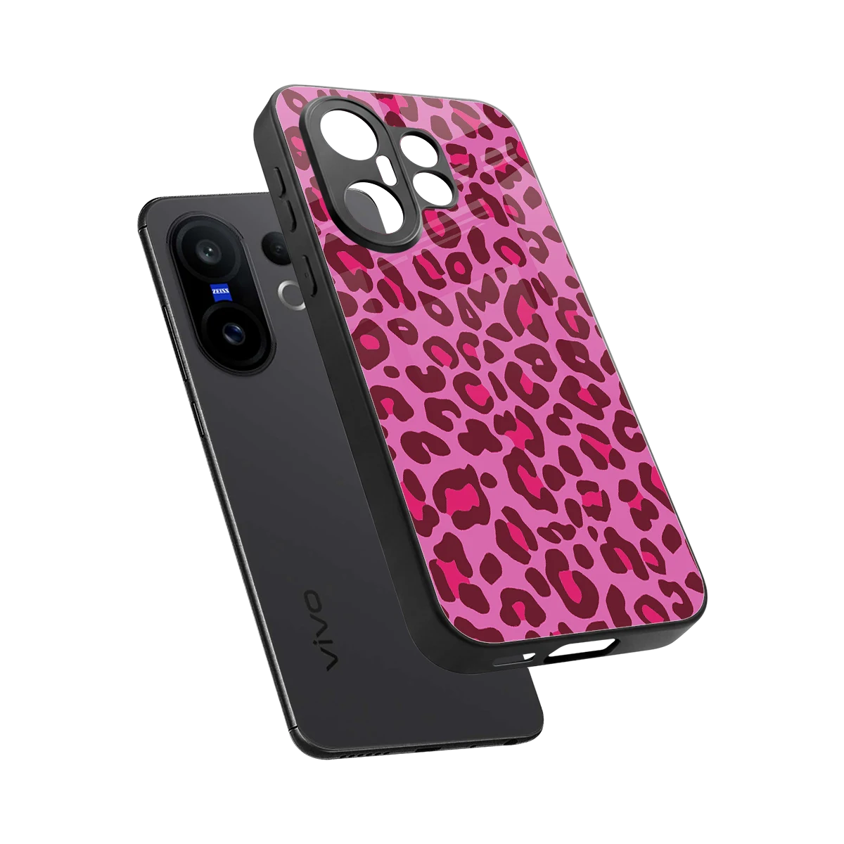 Leopard Pink sleek vivo x200 fe cover with tempered glass back and TPU edges