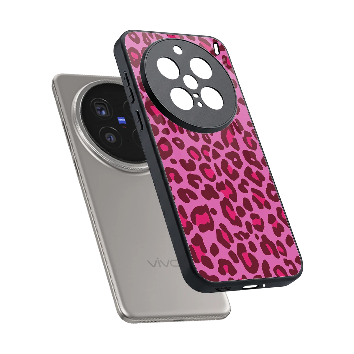 Leopard Pink sleek vivo x200 pro cover with tempered glass back and TPU edges