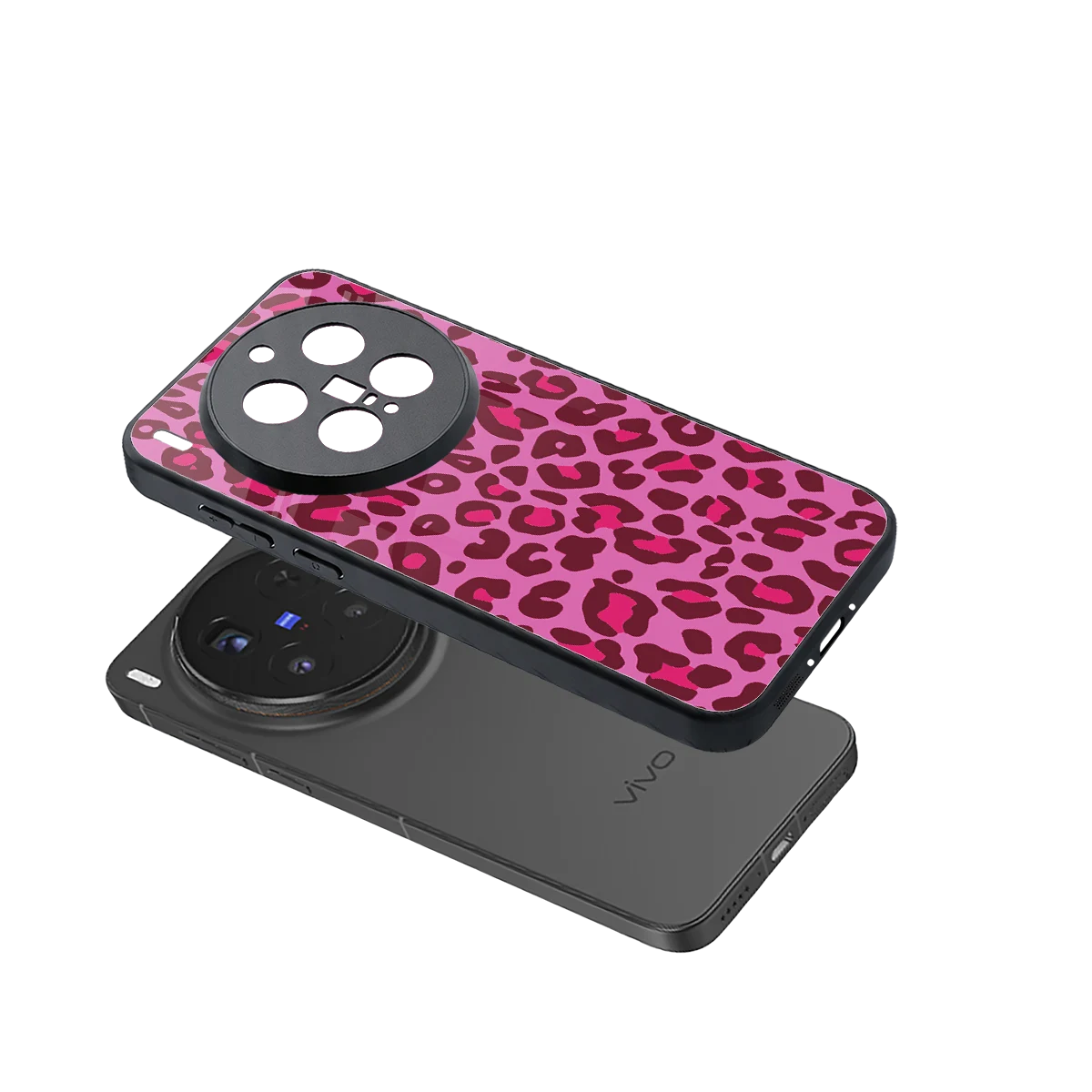 Leopard Pink sleek vivo x300 pro cover with tempered glass back and TPU edges