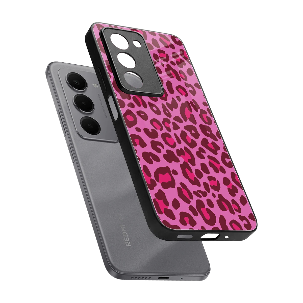 Leopard Pink sleek redmi 15 5g cover with tempered glass back and TPU edges