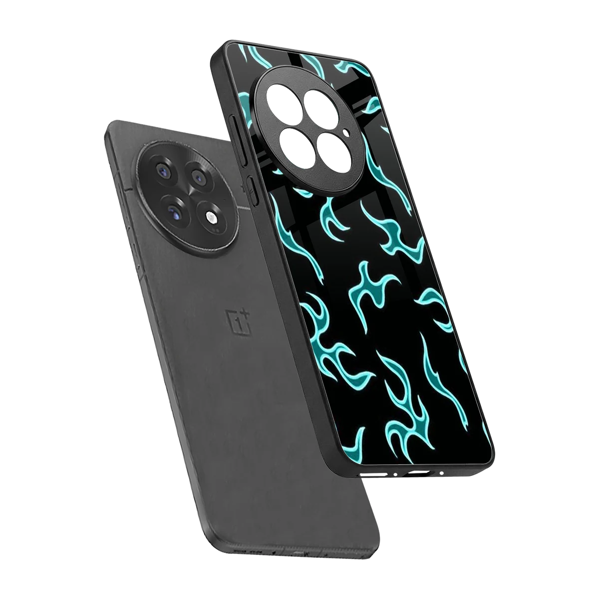 Lil Flames Black Blue sleek oneplus 13 cover with tempered glass back and TPU edges