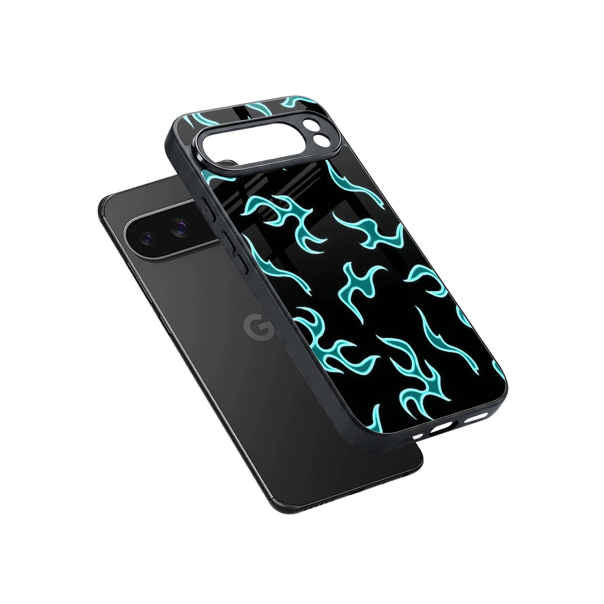 Lil Flames Black Blue sleek google pixel 10 pro xl cover with tempered glass back and TPU edges