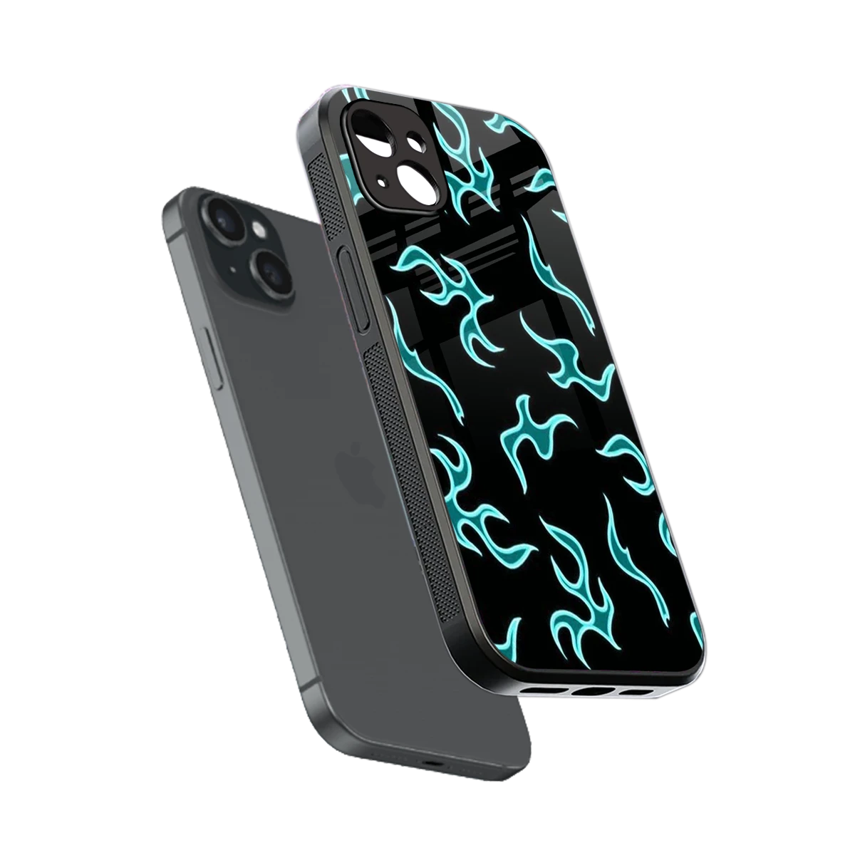 Lil Flames Black Blue sleek iphone 14 plus cover with tempered glass back and TPU edges