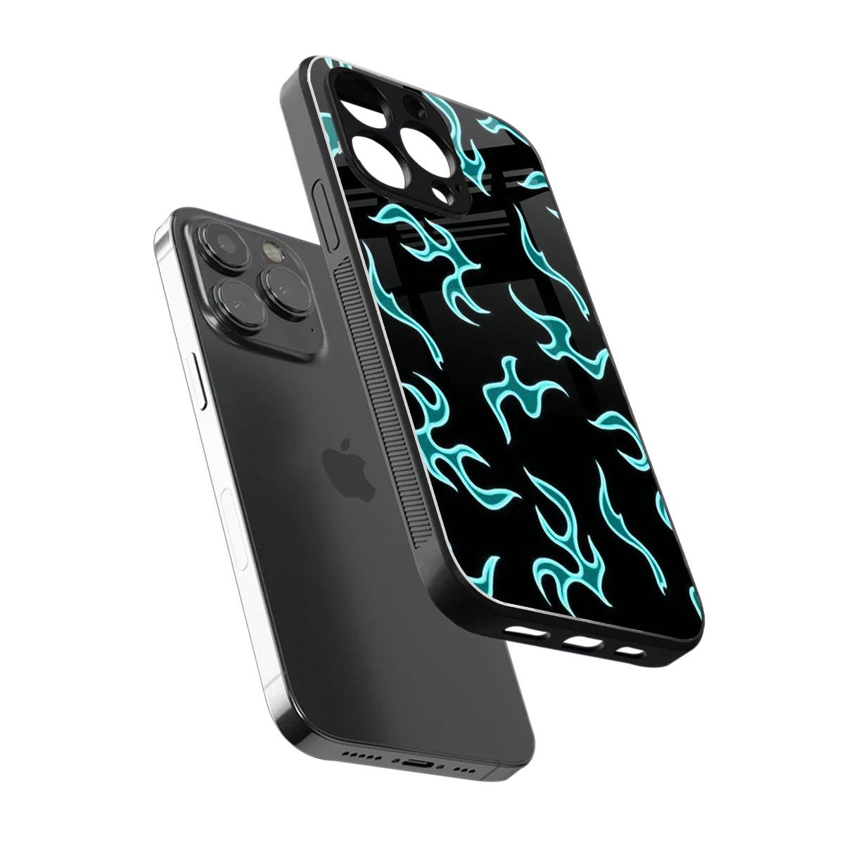 Lil Flames Black Blue sleek iphone 15 pro max cover with tempered glass back and TPU edges