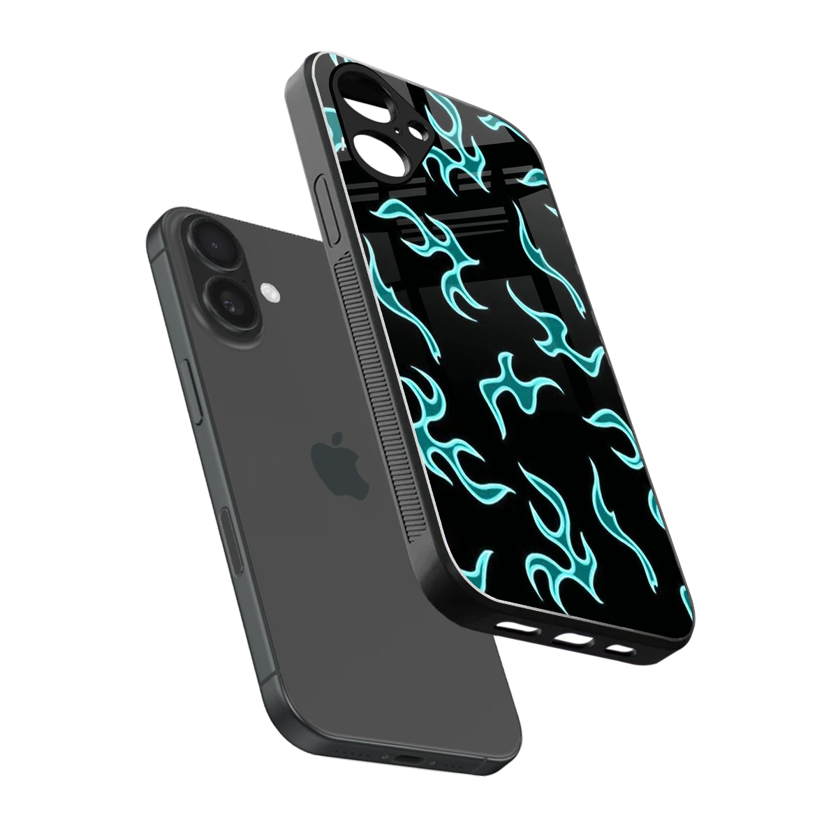 Lil Flames Black Blue sleek iPhone 16 cover with tempered glass back and TPU edges