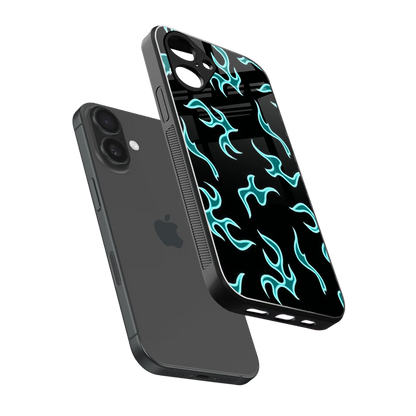 Lil Flames Black Blue sleek iPhone 16 cover with tempered glass back and TPU edges