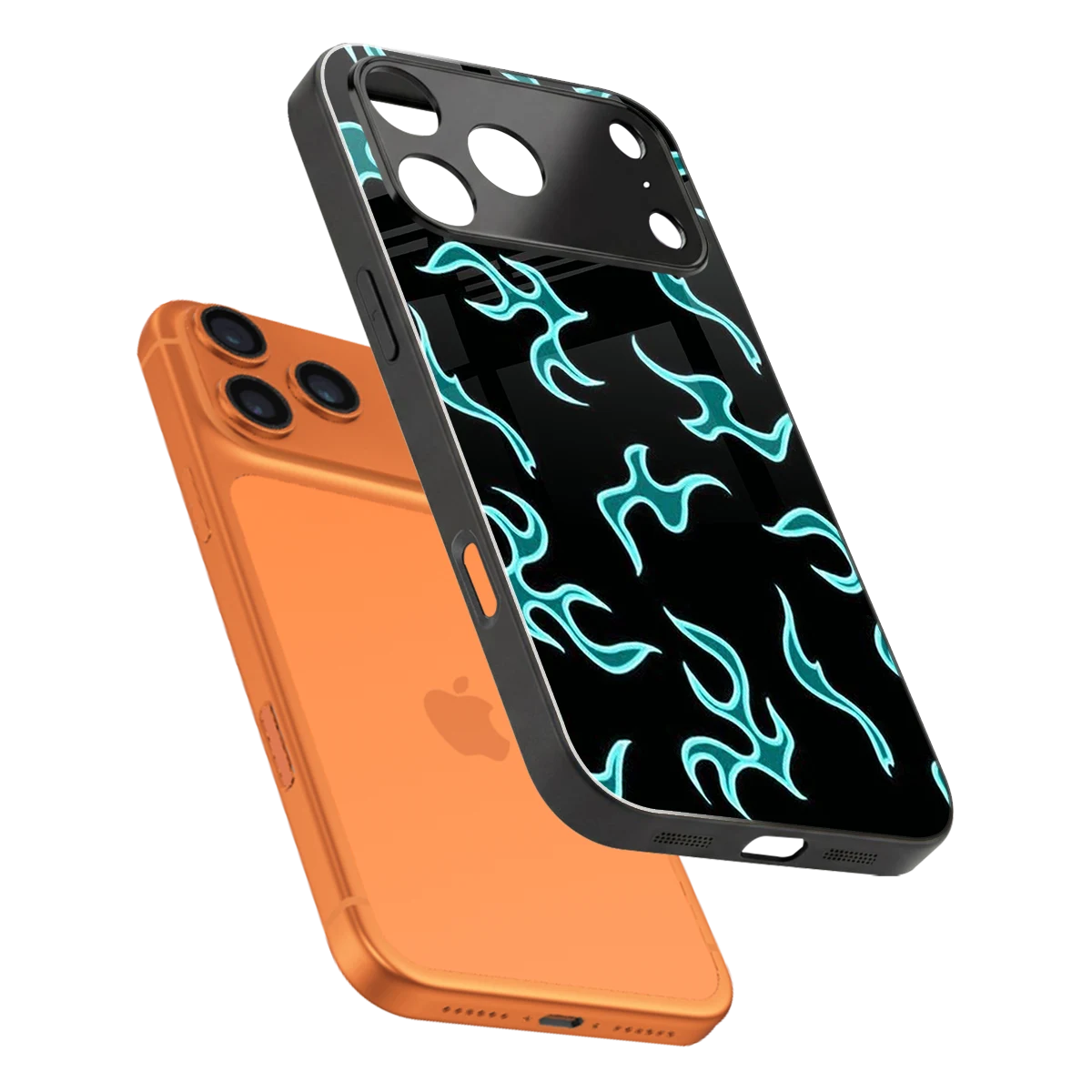 Lil Flames Black Blue sleek iphone 17 pro cover with tempered glass back and TPU edges