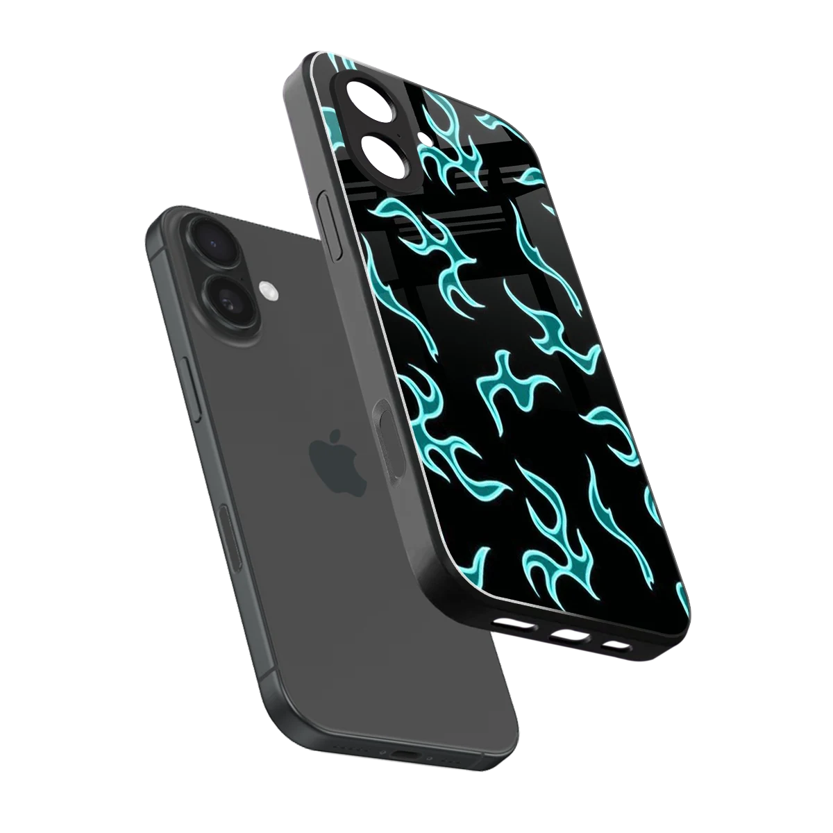 Lil Flames Black Blue sleek iphone 17 cover with tempered glass back and TPU edges