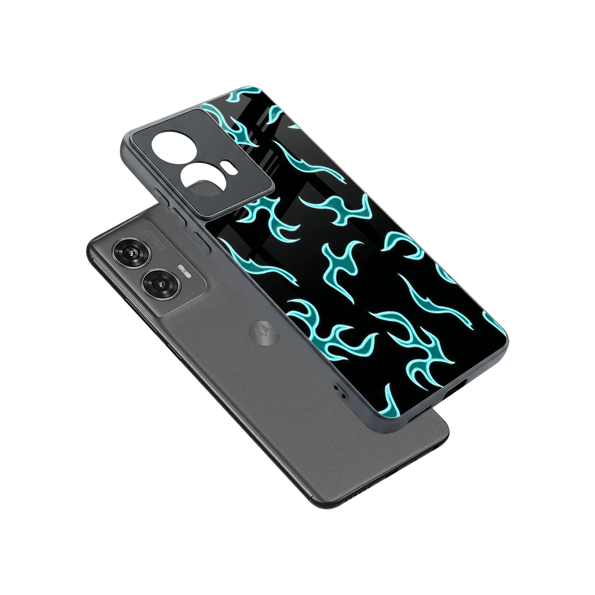 Lil Flames Black Blue sleek motorola edge 50 fusion cover with tempered glass back and TPU edges