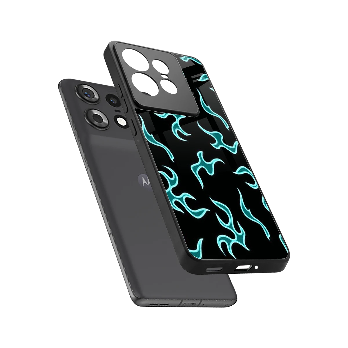 Lil Flames Black Blue sleek motorola edge 50 pro cover with tempered glass back and TPU edges