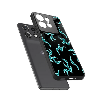 Lil Flames Black Blue sleek motorola edge 50 pro cover with tempered glass back and TPU edges
