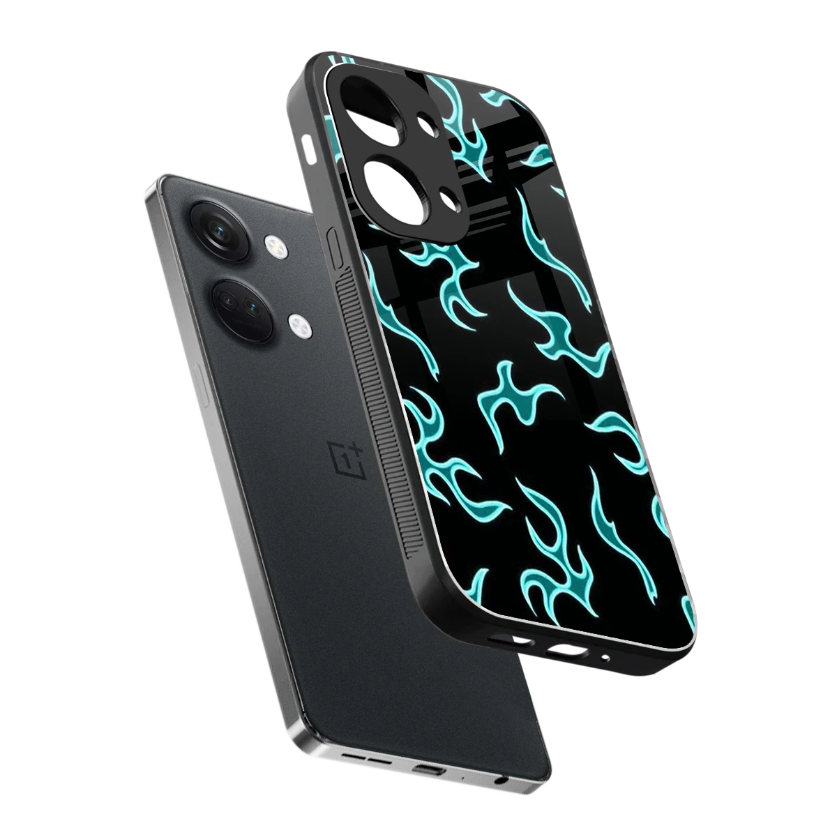 Lil Flames Black Blue sleek oneplus nord 3 cover with tempered glass back and TPU edges