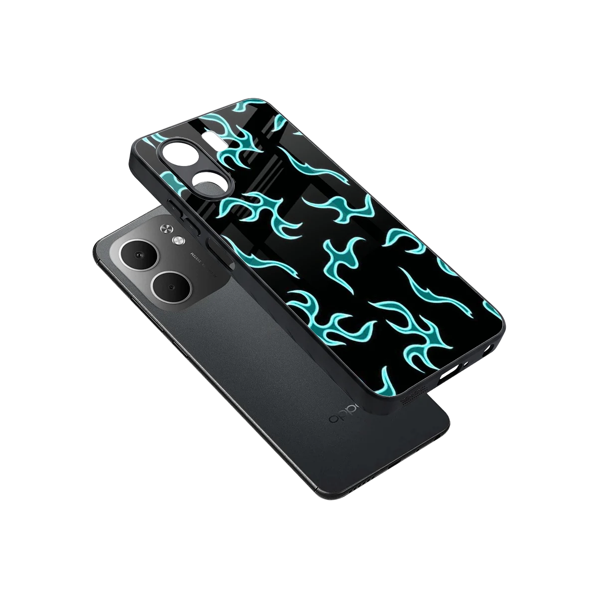 Lil Flames Black Blue sleek oppo a5x 5g cover with tempered glass back and TPU edges