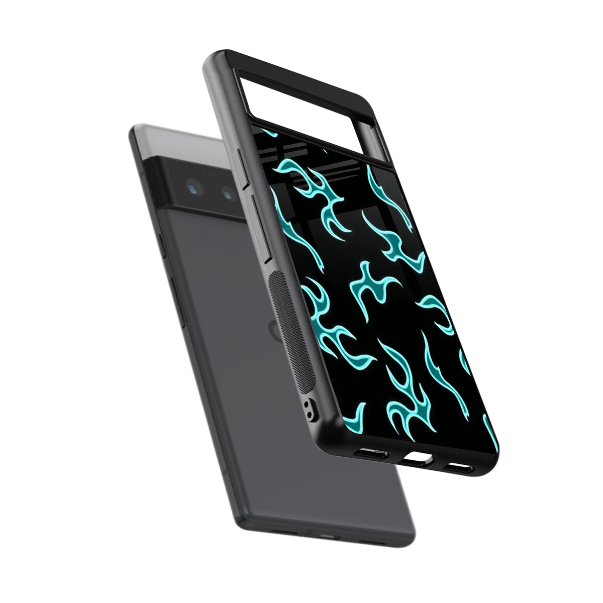 Lil Flames Black Blue sleek google pixel 6 pro cover with tempered glass back and TPU edges