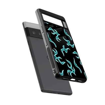 Lil Flames Black Blue sleek google pixel 6 pro cover with tempered glass back and TPU edges
