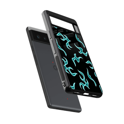 Lil Flames Black Blue sleek google pixel 6 cover with tempered glass back and TPU edges