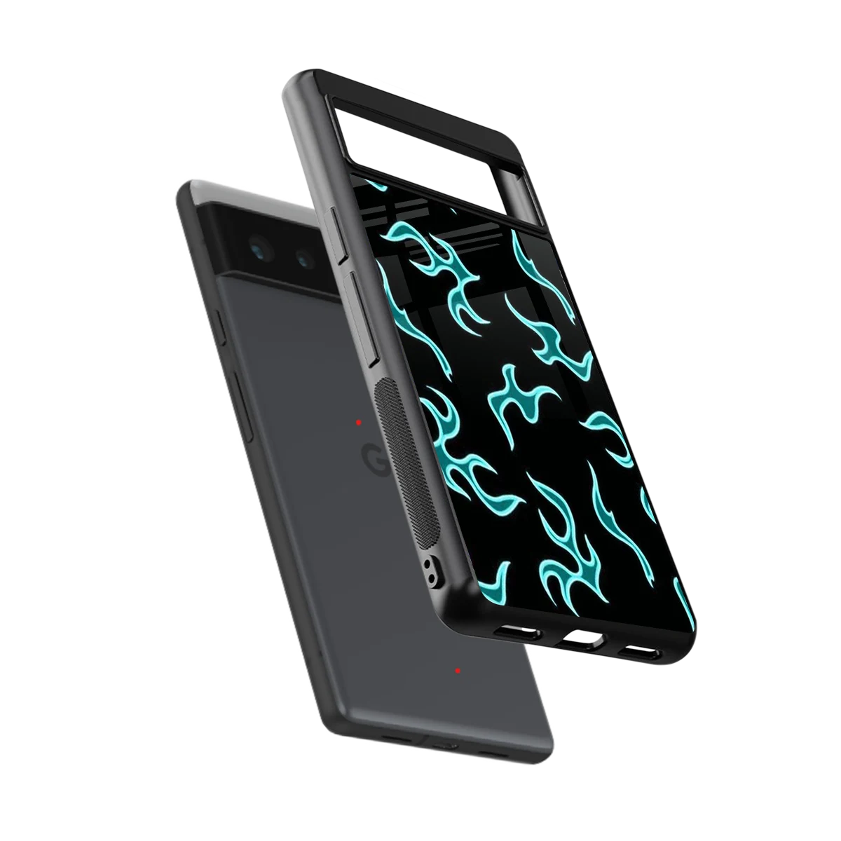 Lil Flames Black Blue sleek google pixel 6a cover with tempered glass back and TPU edges