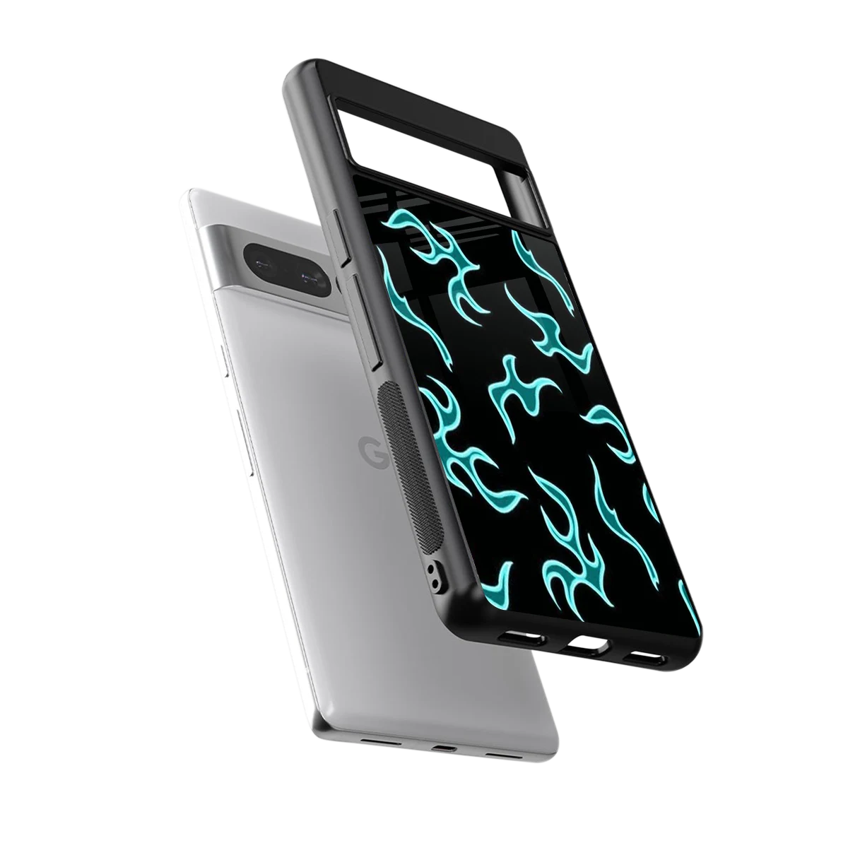 Lil Flames Black Blue sleek google pixel 7 pro cover with tempered glass back and TPU edges