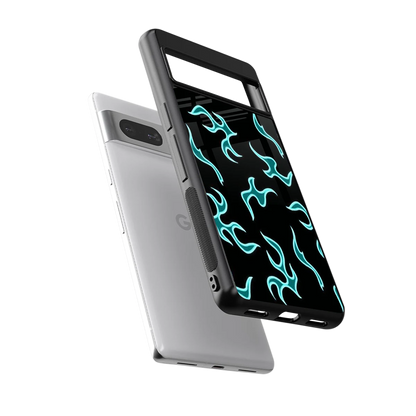 Lil Flames Black Blue sleek google pixel 7a cover with tempered glass back and TPU edges