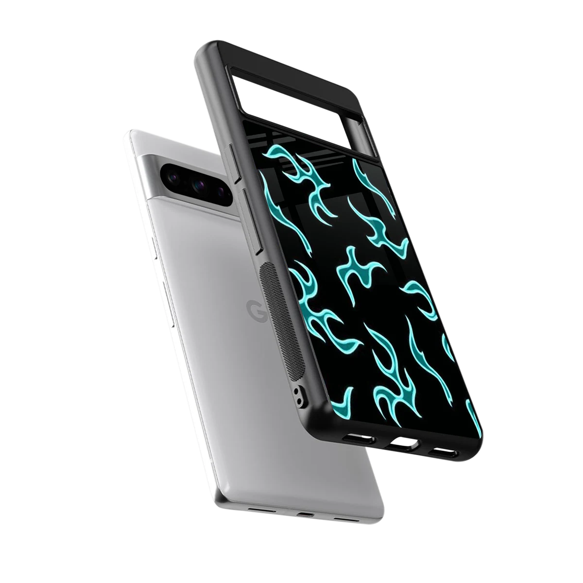Lil Flames Black Blue sleek google pixel 8 pro cover with tempered glass back and TPU edges