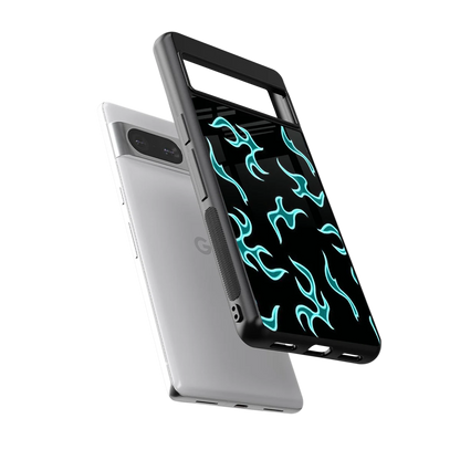 Lil Flames Black Blue sleek google pixel 8 cover with tempered glass back and TPU edges
