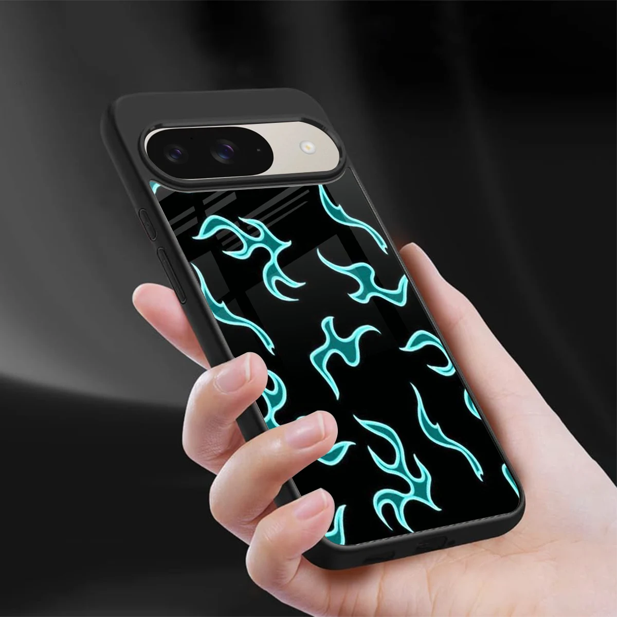 Lil Flames Black Blue sleek google pixel 9 cover with tempered glass back and TPU edges