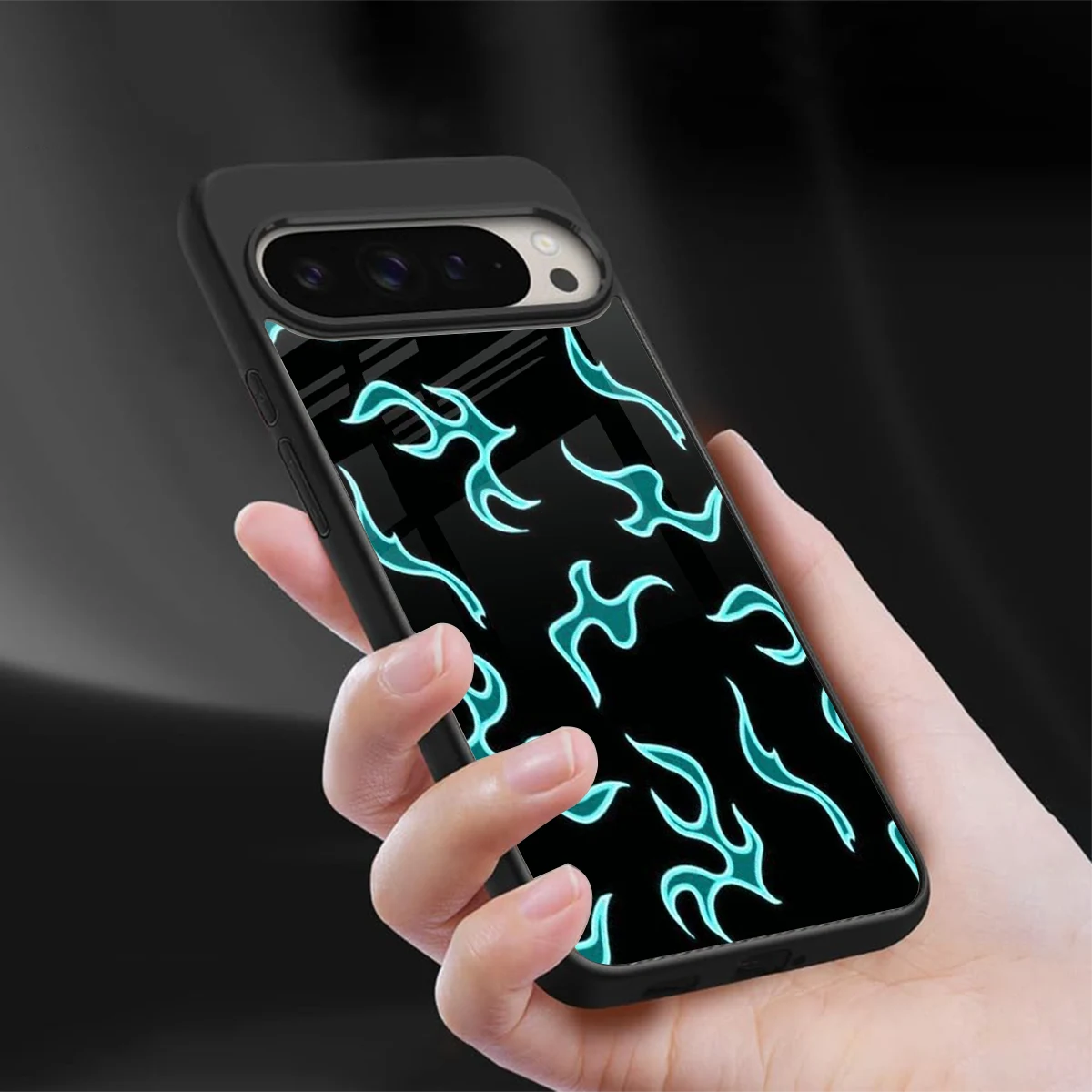 Lil Flames Black Blue sleek google pixel 9 pro cover with tempered glass back and TPU edges