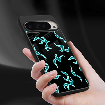 Lil Flames Black Blue sleek google pixel 9 pro cover with tempered glass back and TPU edges