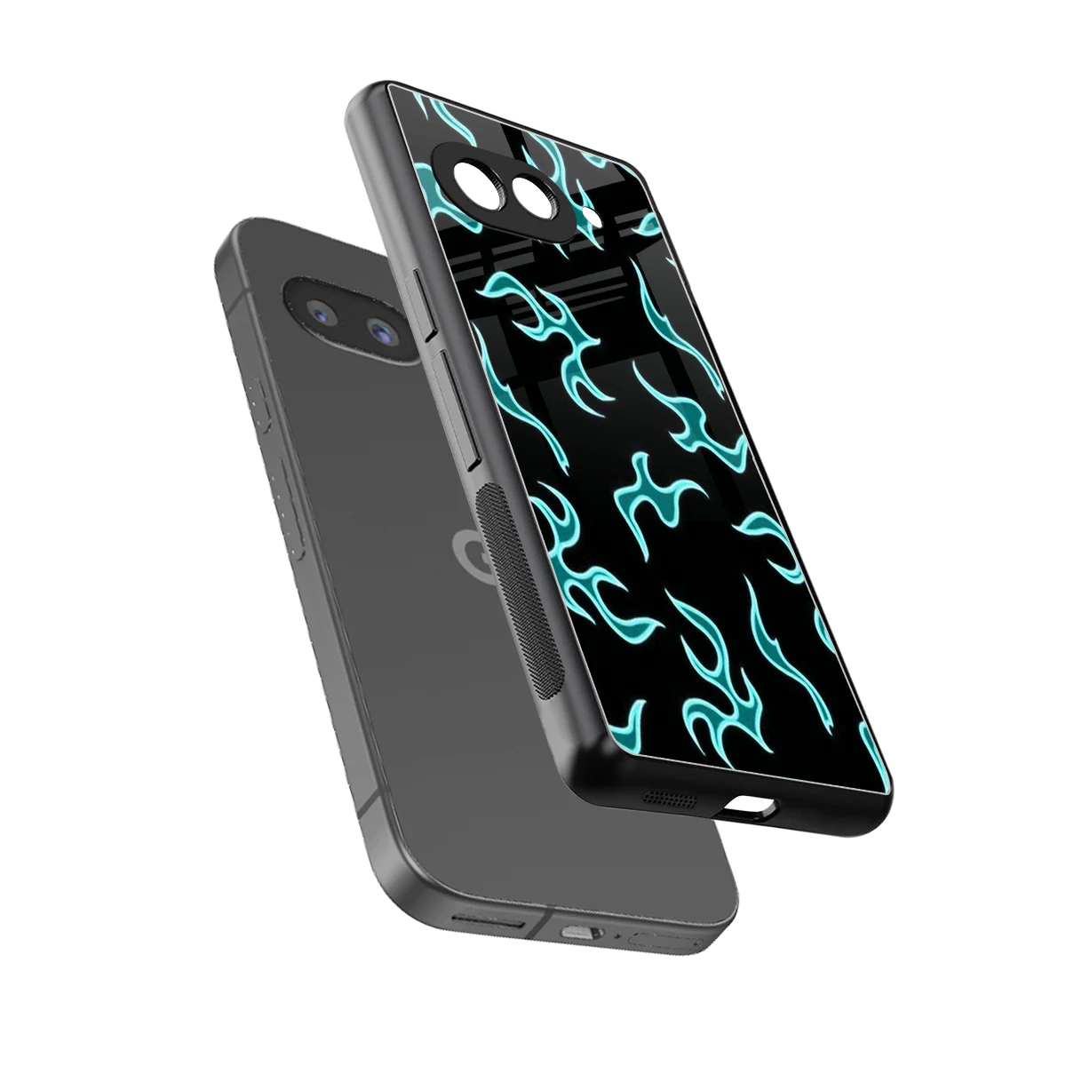 Lil Flames Black Blue sleek google pixel 9a cover with tempered glass back and TPU edges