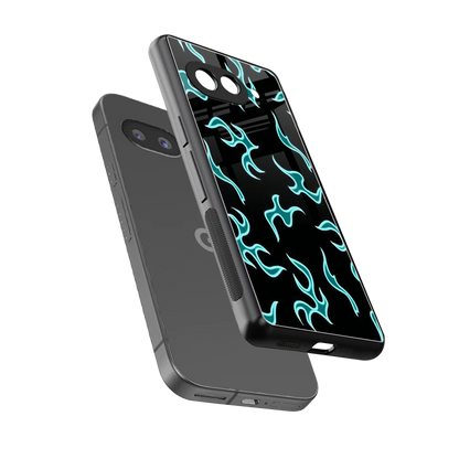 Lil Flames Black Blue sleek google pixel 9a cover with tempered glass back and TPU edges