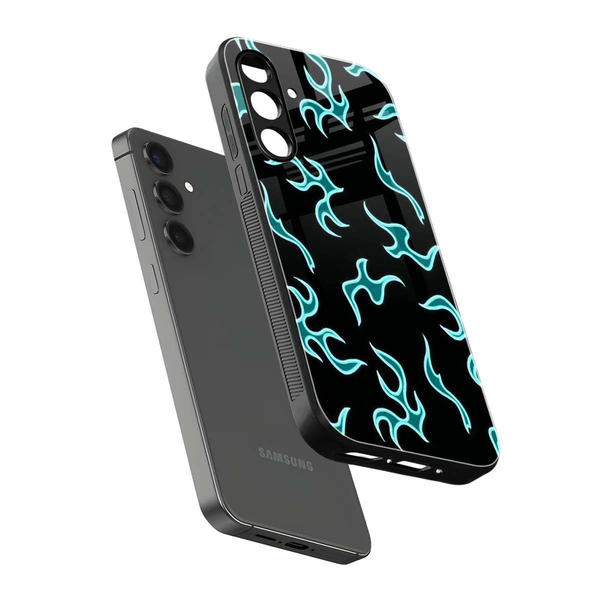 Lil Flames Black Blue sleek samsung galaxy m35 5g cover with tempered glass back and TPU edges