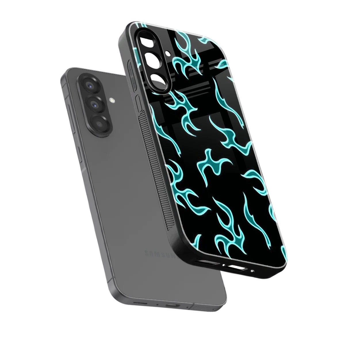 Lil Flames Black Blue sleek samsung galaxy a36 5g cover with tempered glass back and TPU edges