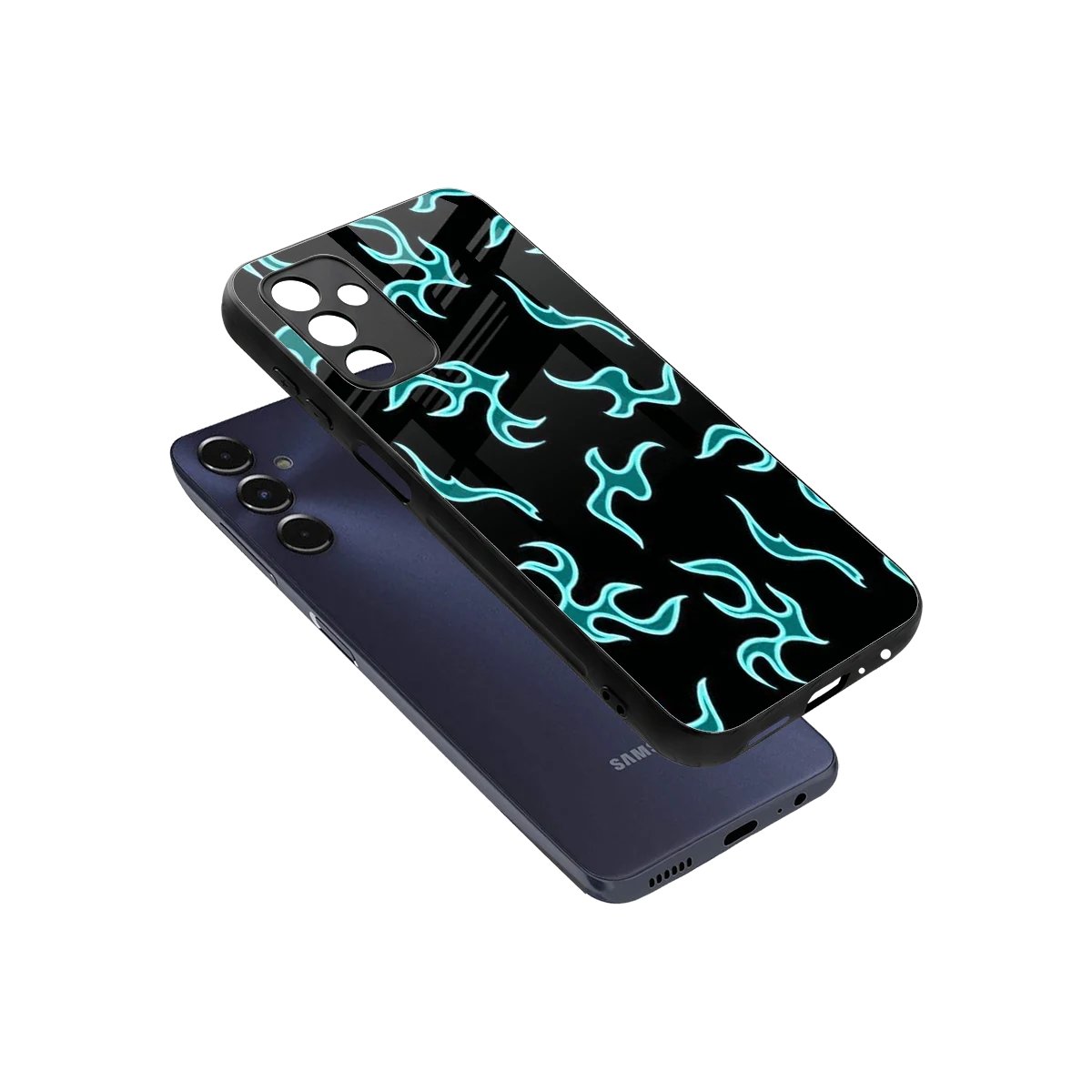 Lil Flames Black Blue sleek samsung galaxy m14 5g cover with tempered glass back and TPU edges