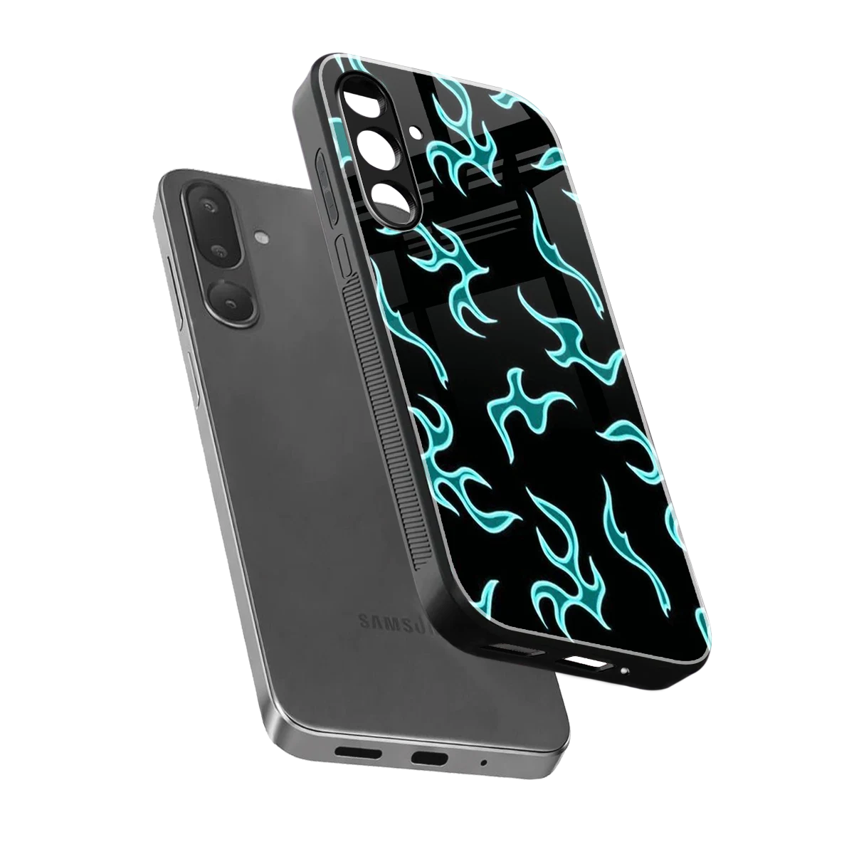 Lil Flames Black Blue sleek samsung galaxy m56 5g cover with tempered glass back and TPU edges