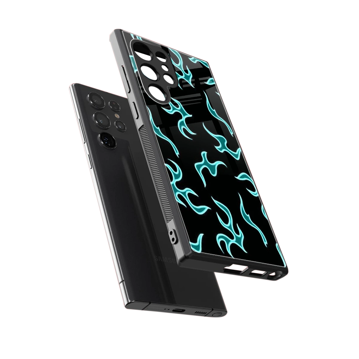 Lil Flames Black Blue sleek samsung galaxy s23 ultra cover with tempered glass back and TPU edges