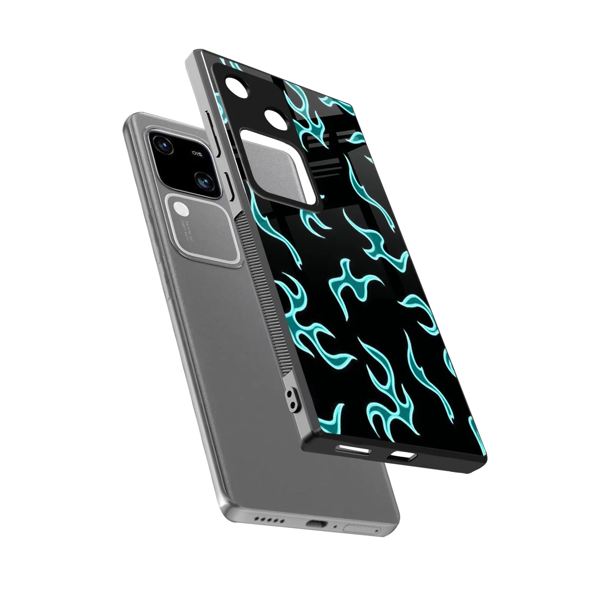 Lil Flames Black Blue sleek vivo v30 cover with tempered glass back and TPU edges