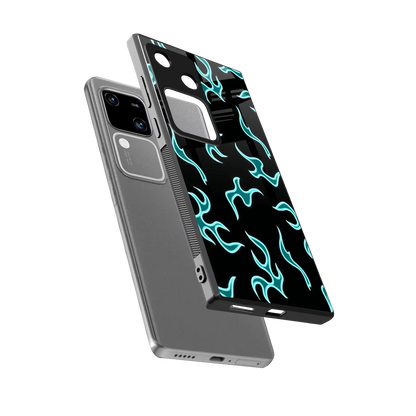 Lil Flames Black Blue sleek vivo v30 cover with tempered glass back and TPU edges