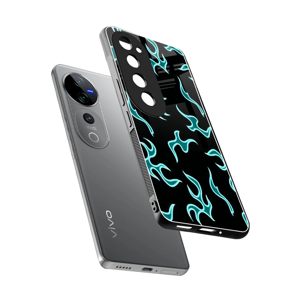 Lil Flames Black Blue sleek vivo v40 pro cover with tempered glass back and TPU edges