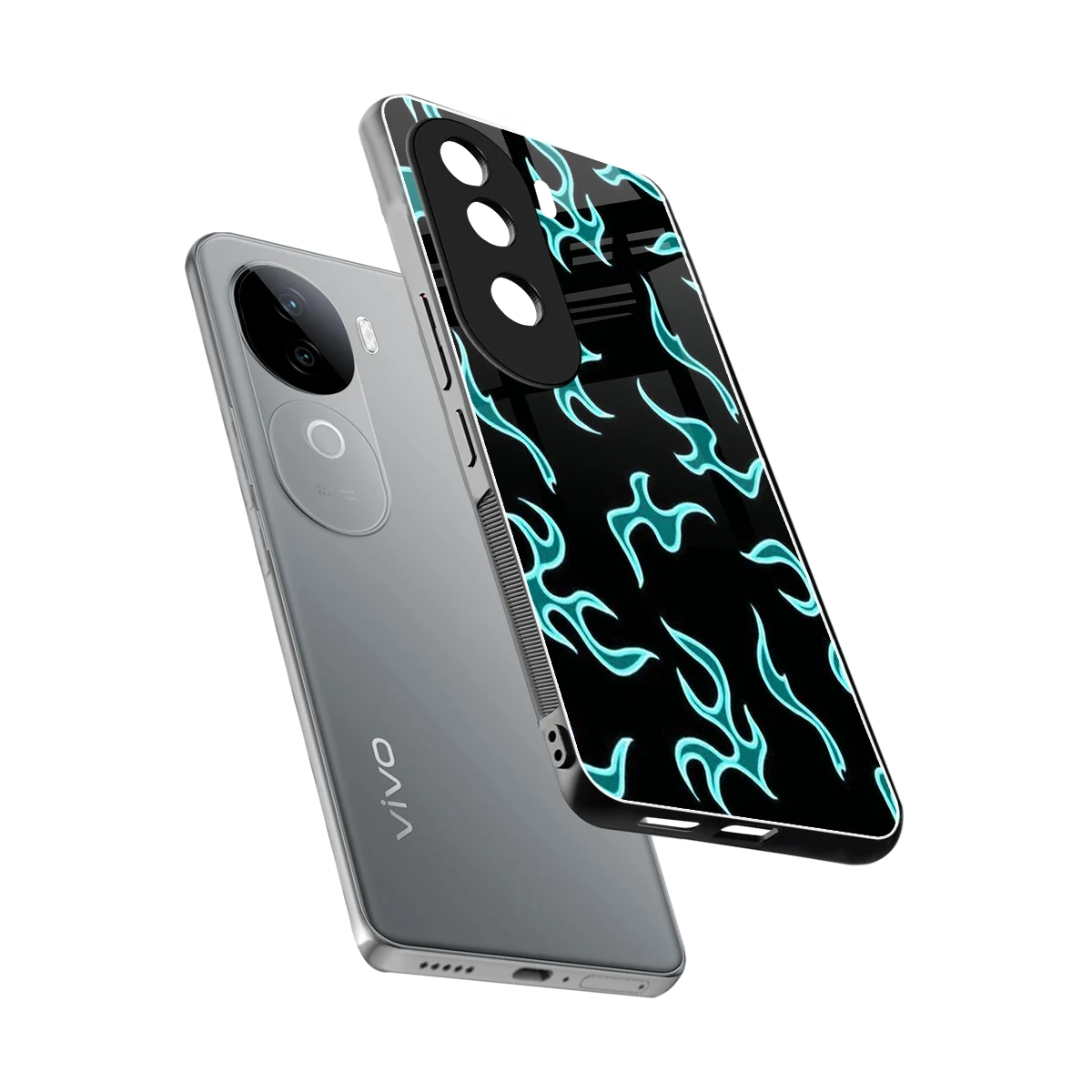 Lil Flames Black Blue sleek vivo v40e cover with tempered glass back and TPU edges